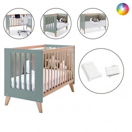 Berço Convertível Alondra Nexor Eucalyptus 4 em 1 com Barra Infantil, Kit Co-Sleeping e Têxteis