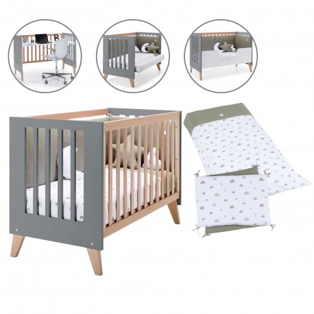 Berço Convertível Alondra Nexor Anthracite 4 em 1 com Barra Infantil, Kit Co-Sleeping e Têxteis