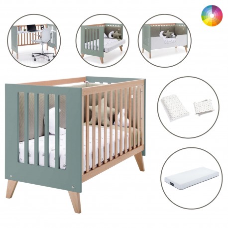 Berço Convertível Alondra Nexor Eucalyptus 4 em 1 com Barra Infantil, Kit Co-Sleeping e Têxteis