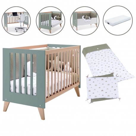 Berço Convertível Alondra Nexor Eucalyptus 4 em 1 com Barra Infantil, Kit Co-Sleeping e Têxteis